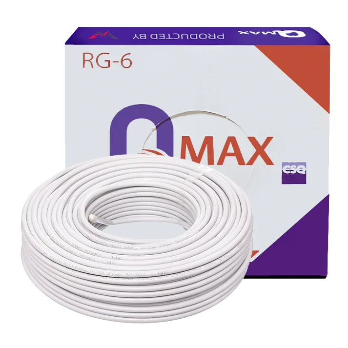 لفة كابل RG-6 أبيض ملفوفة بجانب علبة المنتج