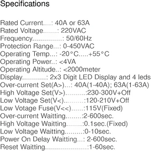 المواصفات: 40A/63A، 220VAC، 50/60Hz، مدى حماية 0-450VAC