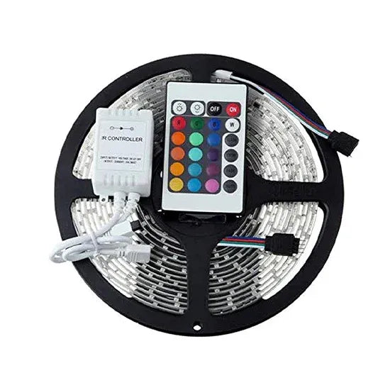 شريط ليد RGB 5 متر بلفّة سوداء ووحدة تحكم صغيرة وأسلاك ملوّنة