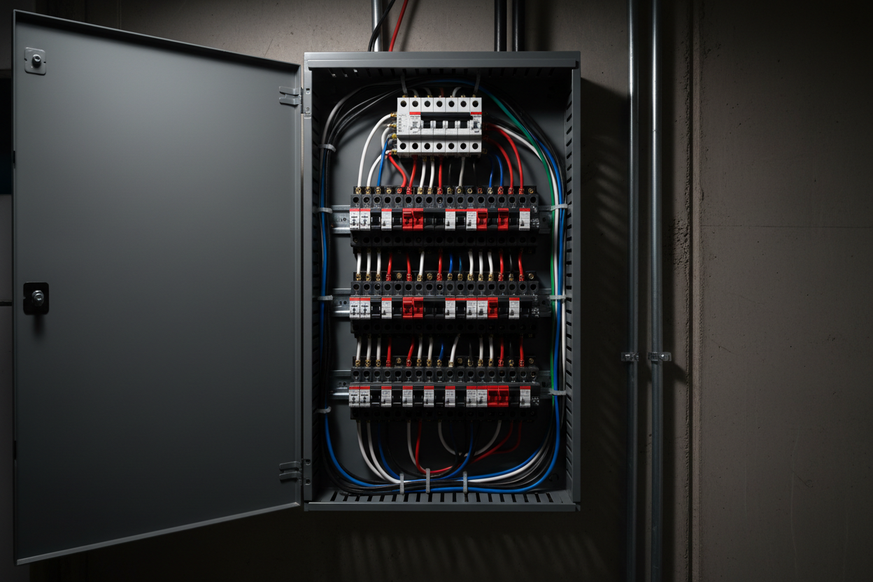 Open electrical distribution board with organized wiring and circuit breakers for modern lighting systems