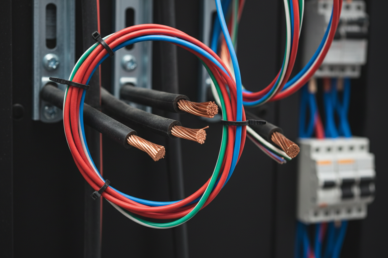 Color-coded electrical wires with copper cores in a circuit panel, ideal for modern lighting and electrical installations.
