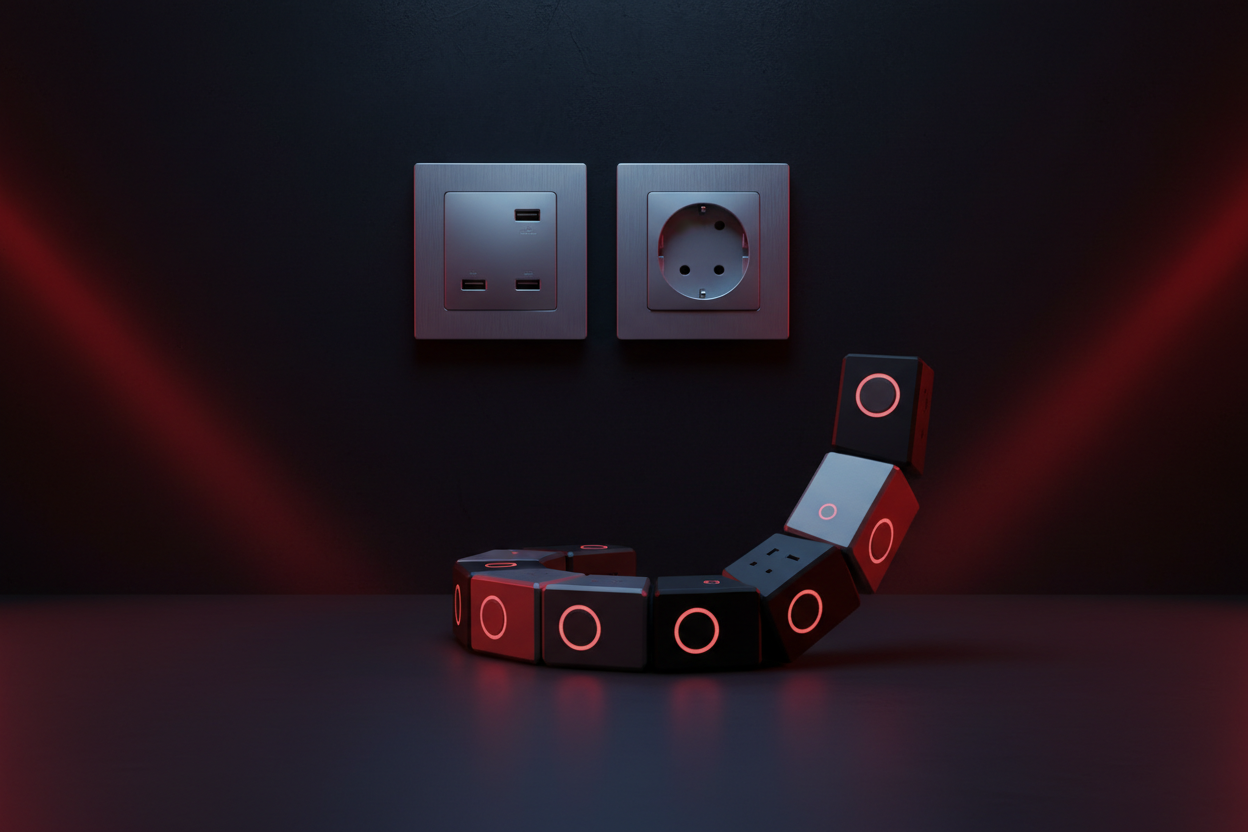 Modern wall sockets with USB ports and modular power cubes, sleek black design with red glow lighting