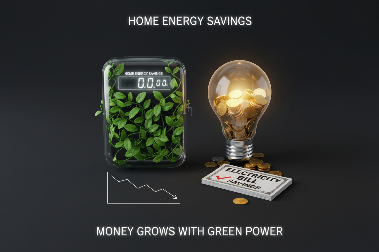 Energy-saving LED bulb with coins, green plants, and electricity bill savings graph for home efficiency