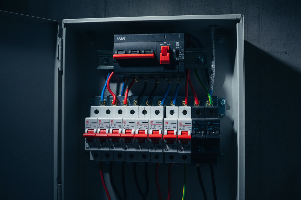 Electrical panel with circuit breakers and wiring, modern electrical distribution system
