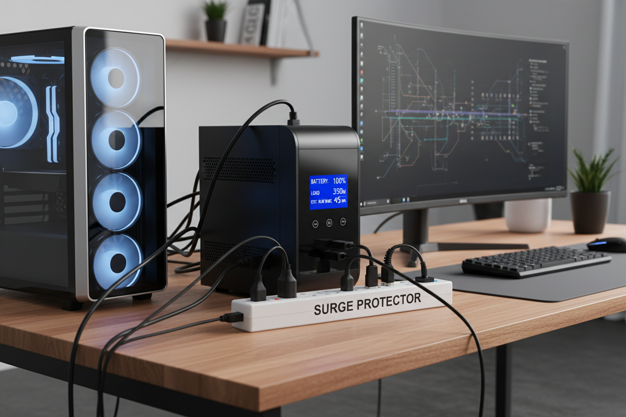 Surge protector with UPS powering gaming PC and monitor on desk, blue LED fans, circuit diagram display