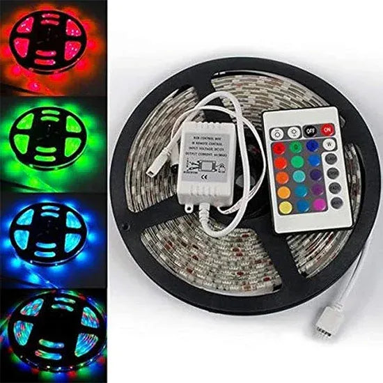 لفة شريط ليد RGB مع ريموت تحكم وأدابتور وأسلاك ملونة