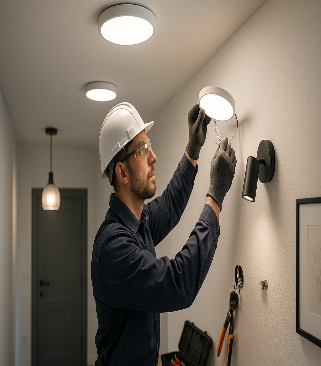كهربائي يعمل داخل منزل ويقوم بتركيب وحدات الاضاءة
